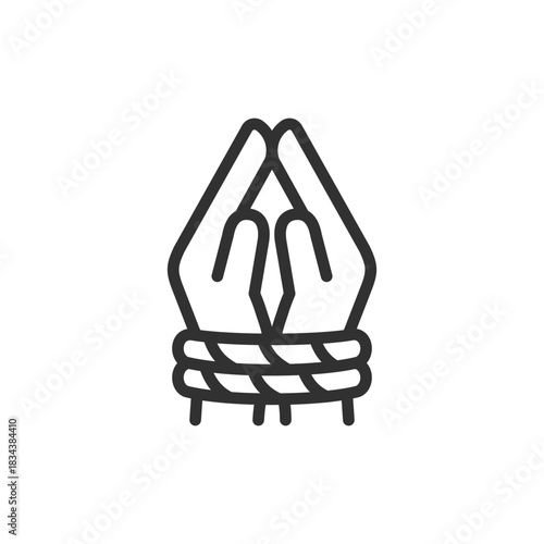 Tied hands in prayer, linear icon. Slavery, restriction, or loss of freedom. Line with editable stroke.