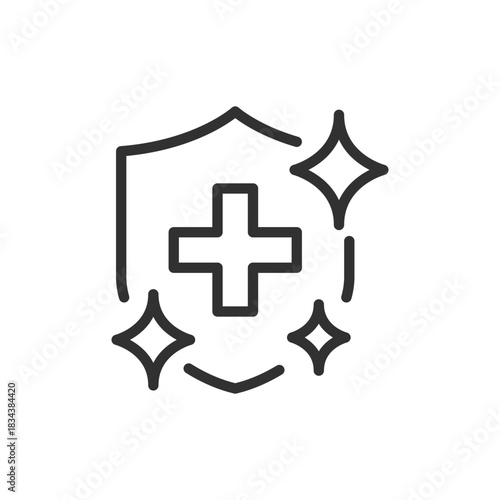 Shield with medical cross and sparkles, linear icon. Clean protection and healthcare safety. Line with editable stroke.
