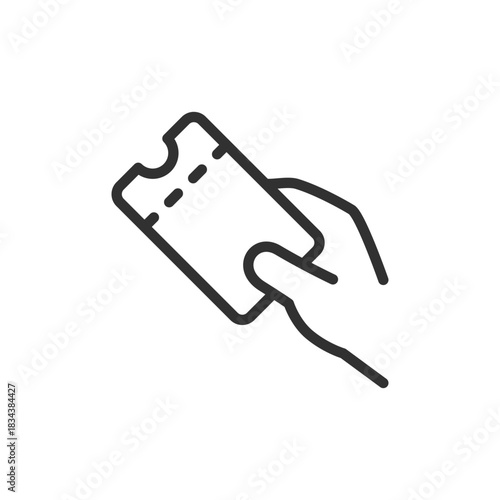 Hand with ticket, linear icon. Travel or entertainment access concept. Line with editable stroke.