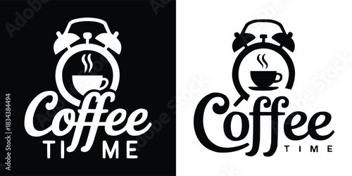 Coffee Time logo with steaming cup and alarm clock icon in bold modern monochrome style