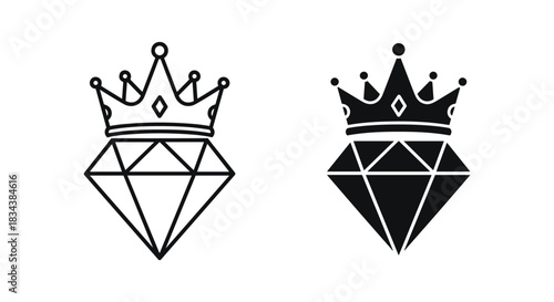 Royal Diamond with Crown Icon Set: Outline and Glyph Vector Illustration