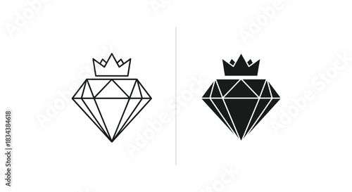 Diamond with Crown Icons - Outline and Solid Vector Glyphs for Luxury and Royalty