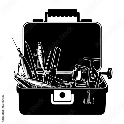 Open fishing tackle box with lures, fishing reel, hooks, and angling gear. isolated on transparent background