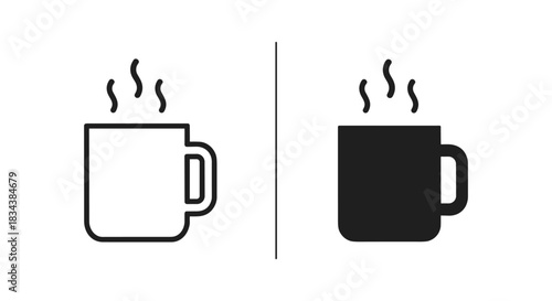 Hot Drink Steaming Mug Icon Set (Outline and Solid Black Versions)