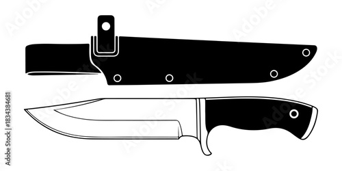 Sharp fixed blade knife with protective carrying sheath vector graphic design isolated on transparent background