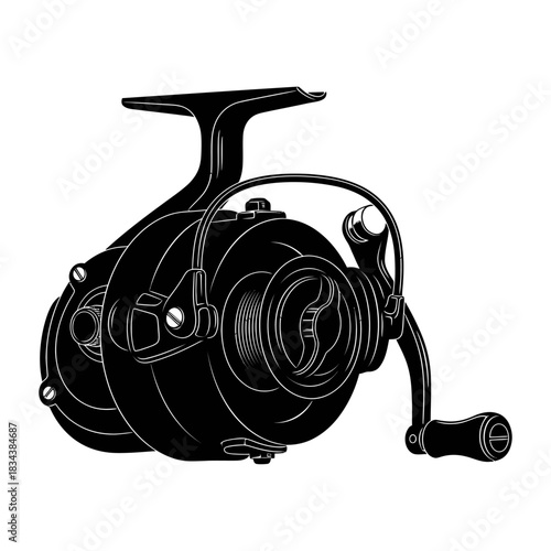 Monochrome detailed spinning fishing reel vector illustration for angling hobby isolated on transparent background
