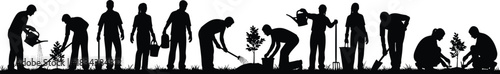 Silhouette of diverse people gardening, planting trees, watering plants, digging soil, teamwork in nature, community eco activity, black vector art