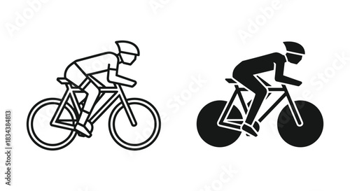 Cyclist Icon Set: Outline and Solid Black Bicycle Rider Illustrations