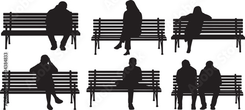 collection of diverse silhouettes of people sitting on park benches, vector illustration