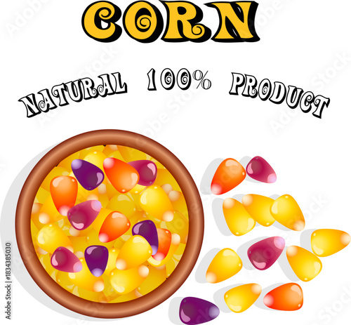 Illustration of corn kernels in a bowl and scattered on the surface.Color vector illustration of banner with corn kernels in a bowl and text on transparent background.