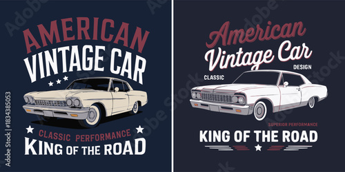 American vintage car illustration set with retro classic automotive artwork showcasing superior performance and king of the road theme