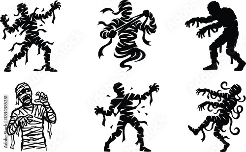 Angry ancient mummy monster set with bandages unwrapping silhouette collection.