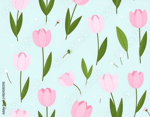 Pink Tulips Seamless Pattern on Light Blue Background in Flat Design Style