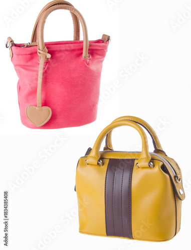 A woven-pattern handbag with chain-and-leather straps shown from two angles.