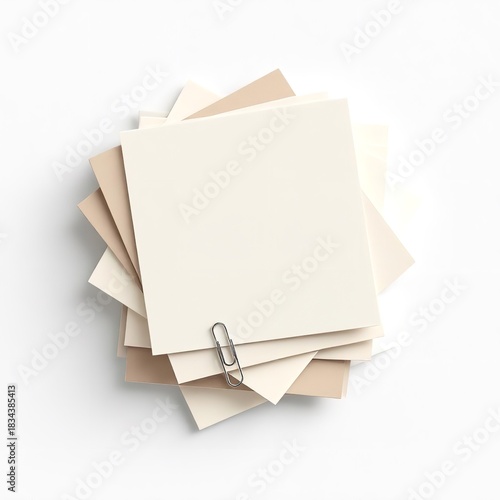 Stack of blank beige and cream square sticky notes held together by a silver paperclip, isolated on white background