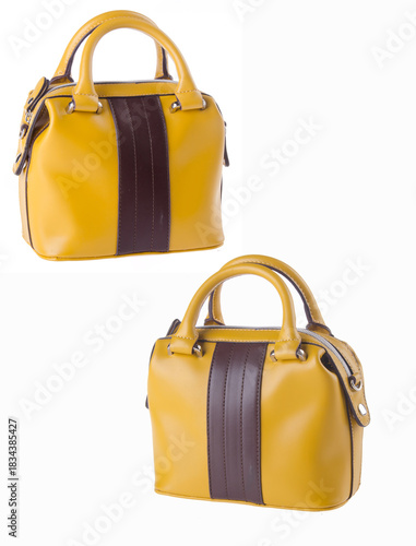 A woven-pattern handbag with chain-and-leather straps shown from two angles.