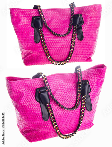 A woven-pattern handbag with chain-and-leather straps shown from two angles.