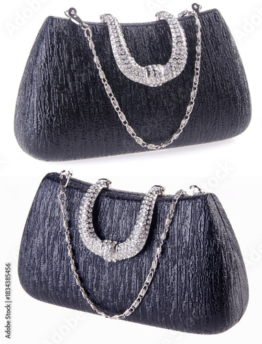 A woven-pattern handbag with chain-and-leather straps shown from two angles.