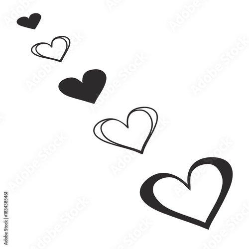 A progression of hearts in black and white, from small solid to large outlined on white love romance