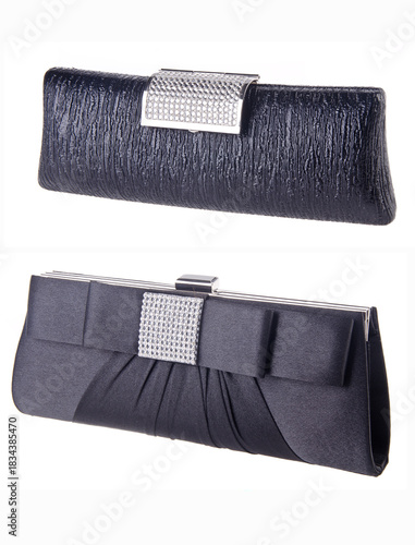 A woven-pattern handbag with chain-and-leather straps shown from two angles.