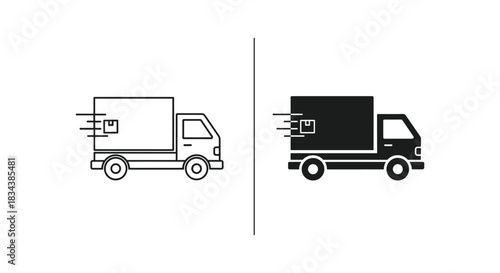 Fast Delivery Truck Icon Set: Outline and Solid Black Styles