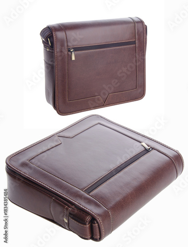 A woven-pattern handbag with chain-and-leather straps shown from two angles.