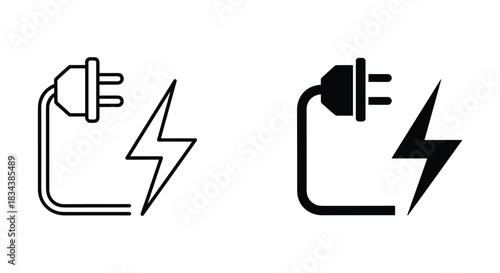 Electric Power Plug and Lightning Bolt Symbol Icons in Outline and Solid Styles