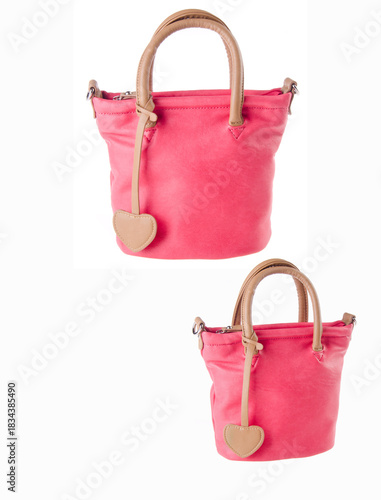 A woven-pattern handbag with chain-and-leather straps shown from two angles.