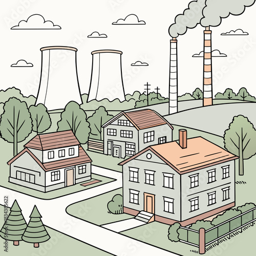 Suburban neighborhood with residential houses situated near industrial cooling towers and smokestacks emitting pollution
