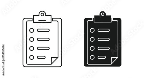Clipboard Checklist Icons: Outline and Glyph Styles. Vector symbols for tasks, to-do lists, project management, and surveys.
