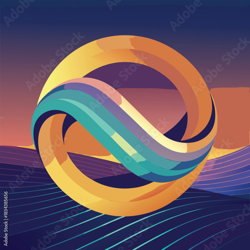 Abstract infinity loop with colorful bands over landscape at sunset symbol geometric