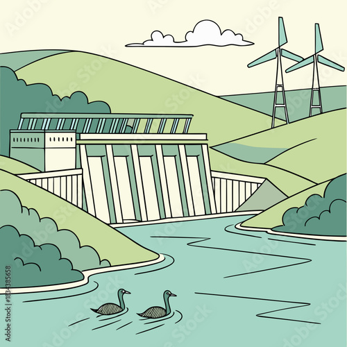 Hydroelectric dam and wind turbines generating clean renewable energy in a serene natural landscape with ducks swimming