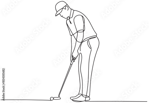 Young man playing golf continuous line art drawing. vector illustration
