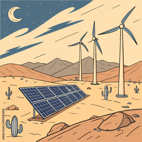 Desert landscape featuring wind turbines and solar panels under a crescent moon and starry sky