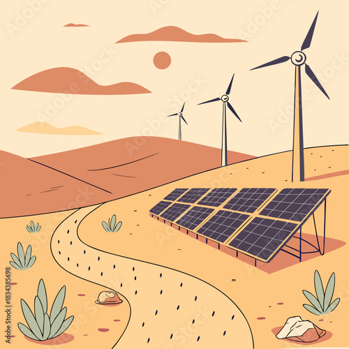 Renewable energy farm with solar panels and wind turbines in a stylized desert landscape under a warm sun