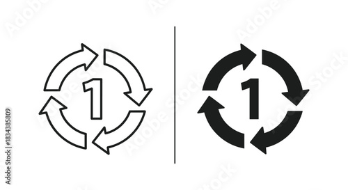 Repeat One Cycle Icon with Number 1 - Outline and Solid Versions