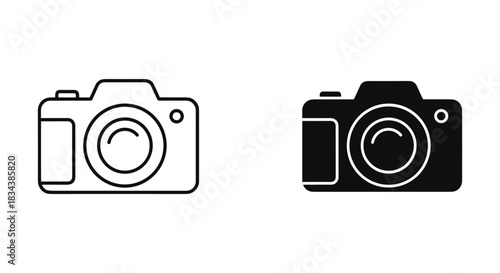 Vector Camera Icon Set: Outline and Solid Black Digital Camera Symbols