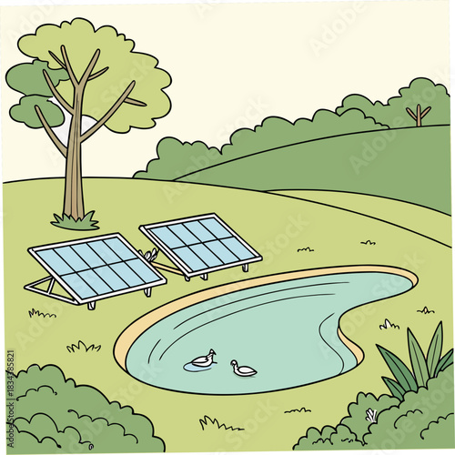 Cartoon illustration of two solar panels set up next to a pond with two ducks swimming in a grassy hilly landscape