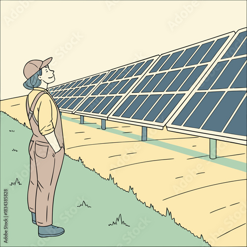 A person in overalls and a cap stands looking at a large array of solar panels in a field