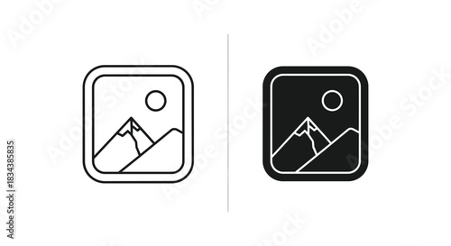 Landscape Photo Icons: Mountain and Sun Outline and Filled Vector Set