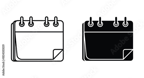Minimalist Calendar Icons: Outline and Solid Versions of Blank Page with Spiral Binding