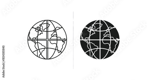 Earth Globe Map Icon Set: Outline and Solid Versions with Continents and Grid on White Background