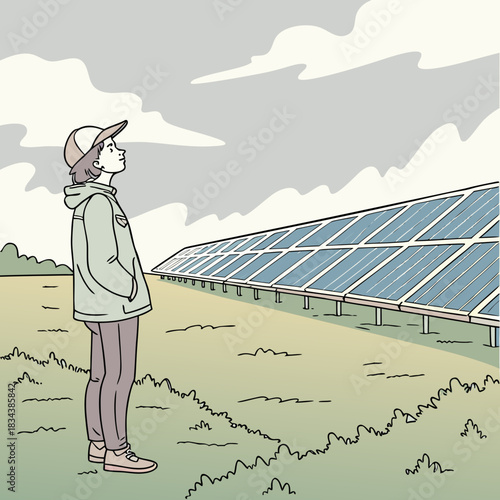 Young person wearing a cap and jacket looking up at a vast array of solar panels on a cloudy day