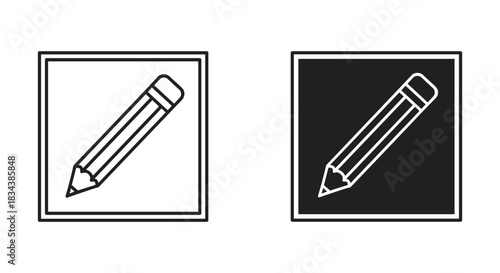 Pencil Edit Icon Set, Black and White Outline in Square Frames