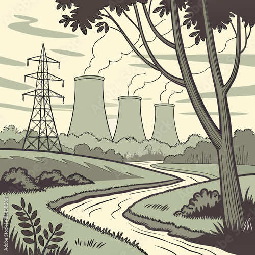 Industrial power plant with cooling towers and electricity pylon beside a winding river and trees