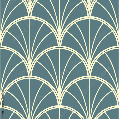 Art Deco Geometric Fan Pattern Seamless Background in Teal and Cream vector illustration