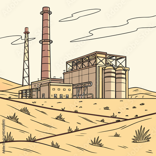 Industrial power plant with tall smokestacks and storage tanks situated in a barren desert landscape under a cloudy sky