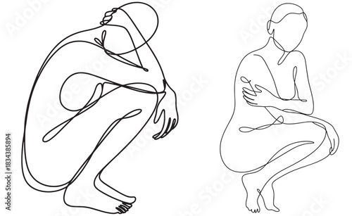 Continuous line drawing of young woman feeling sad, silhouette suffering from anxiety. Mental health problem concept. Minimal one line drawing art. Continuous line vector illustration