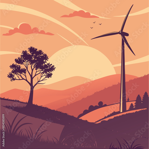 Silhouette of a lone tree and a wind turbine against a vibrant sunset over rolling hills