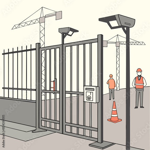 Construction site entrance with security gate workers cranes and lighting representing access control and industrial development